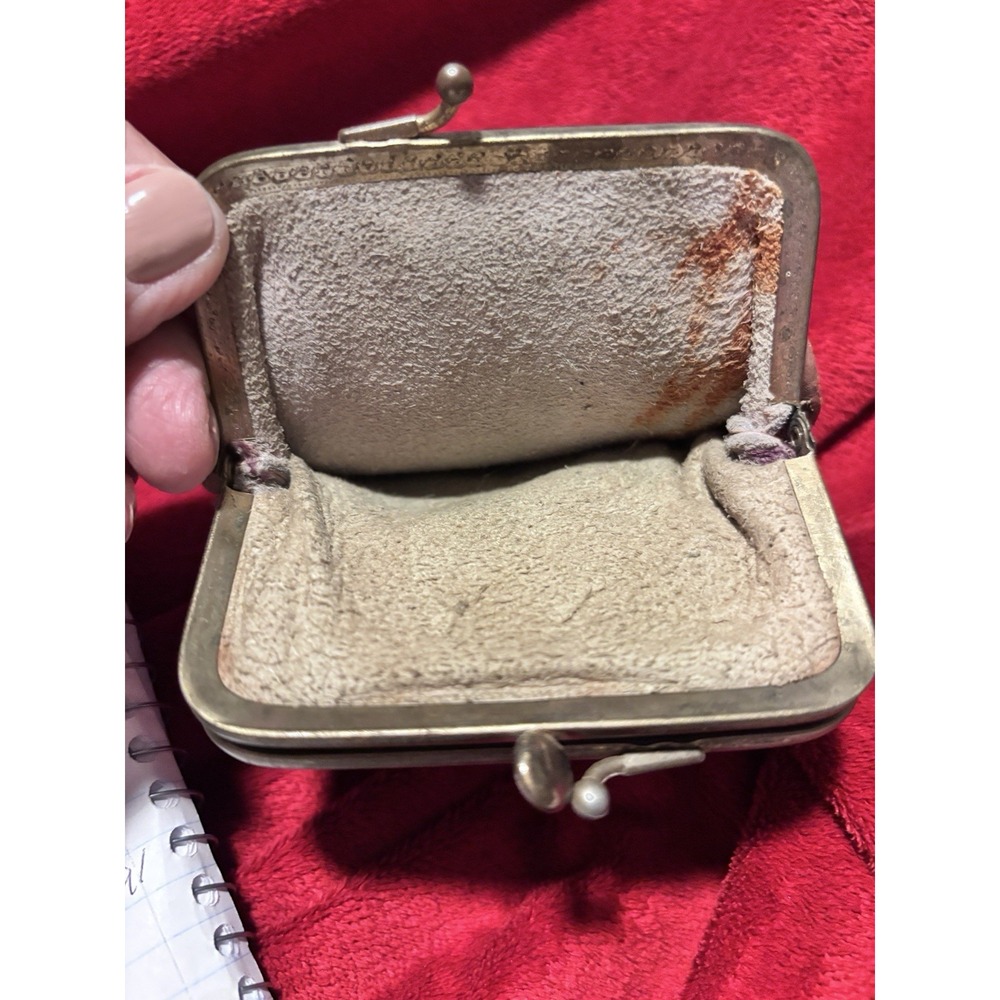 VTG Brown Leather Double Framed Triple Kiss Clasp 6x4 Coin & Long Pocket (desc) - Picture 4 of 8